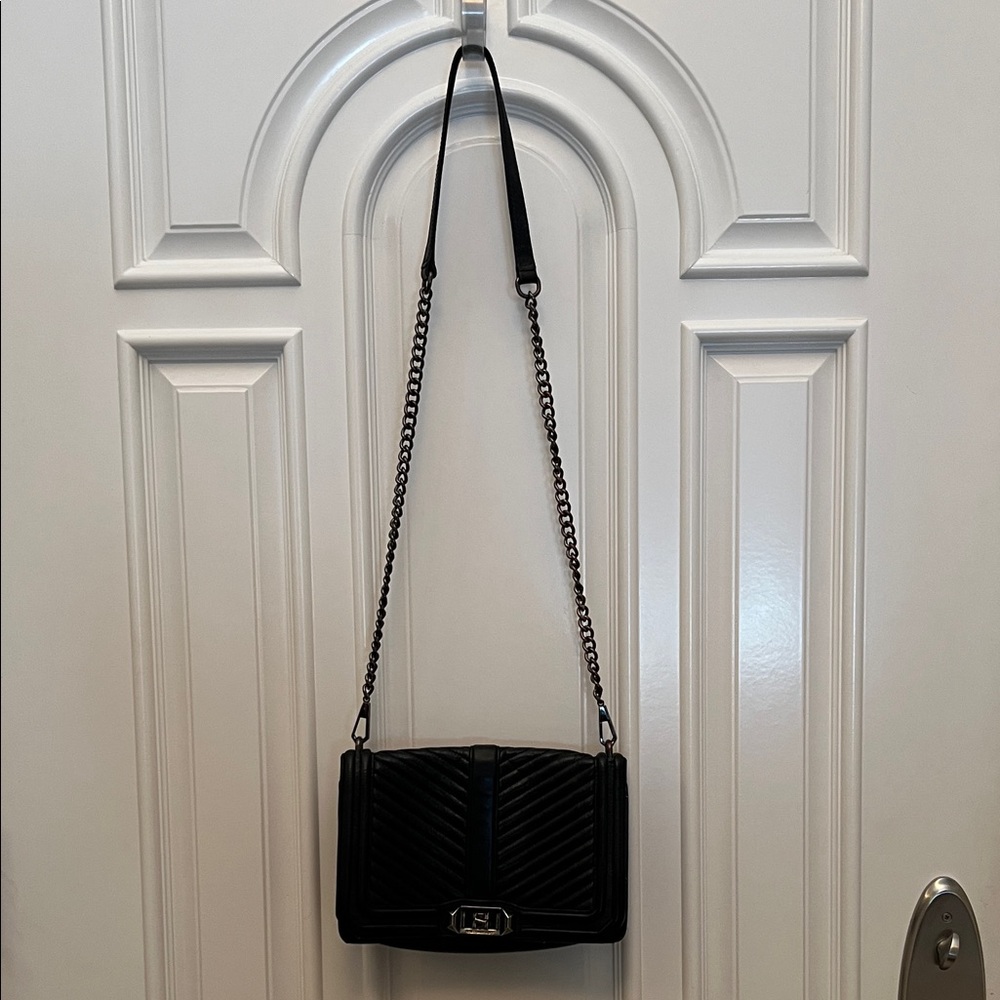 Rebecca Minkoff Black Quilted Leather Chevron Crossbody Bag with Chain Strap